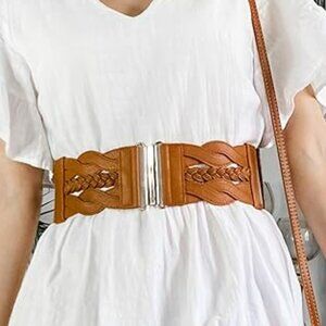 Women's Braided Wide Belt Boho Western Chic Stretchy Size Large Brown